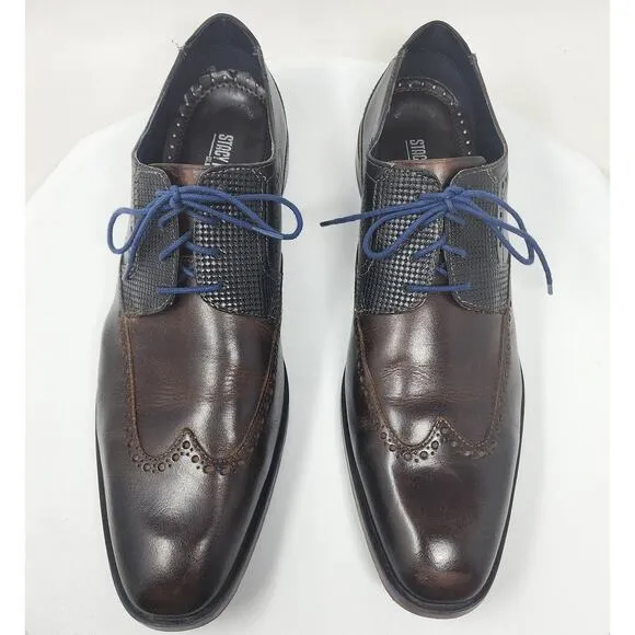 Stacy Adams Rooney Wingtip Men 12M Oxford Brown Dress Shoes w/ Blue Laces 25323