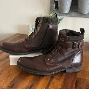Steve Madden Jankit Brown Leather/Canvas Buckle Moto Zipper Sporty Ankle Boots