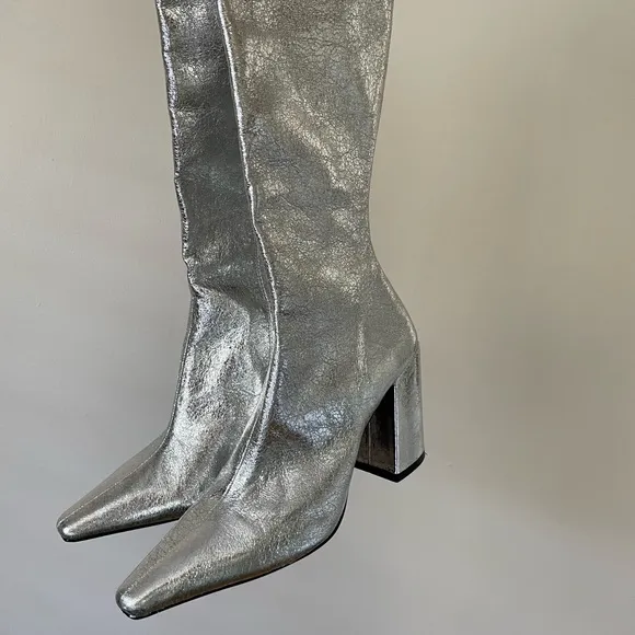 Steve Madden Silver Zelda Pointed Toe Block Heel Under the Knee Boots