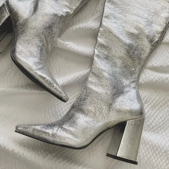 Steve Madden Silver Zelda Pointed Toe Block Heel Under the Knee Boots