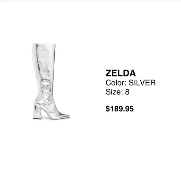 Steve Madden Silver Zelda Pointed Toe Block Heel Under the Knee Boots
