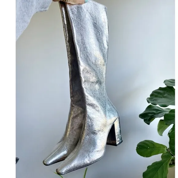 Steve Madden Silver Zelda Pointed Toe Block Heel Under the Knee Boots