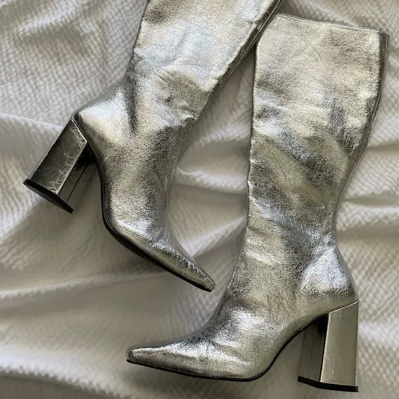 Steve Madden Silver Zelda Pointed Toe Block Heel Under the Knee Boots