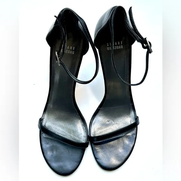 Stuart Weitzman Nudist Black Leather Strappy Heels, size 10.5