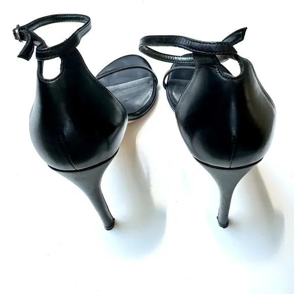 Stuart Weitzman Nudist Black Leather Strappy Heels, size 10.5