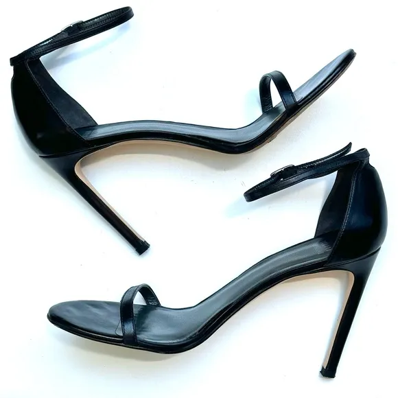 Stuart Weitzman Nudist Black Leather Strappy Heels, size 10.5