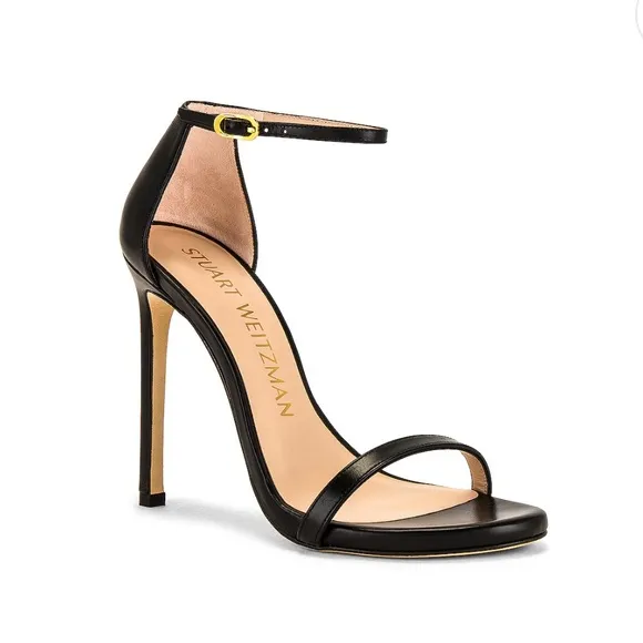 Stuart Weitzman Nudist Black Leather Strappy Heels, size 10.5