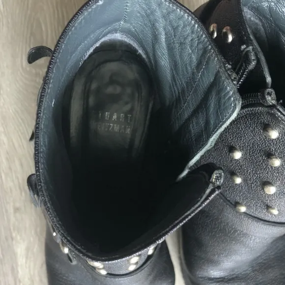 Stuart Weitzman Silver Metal Studded Genuine Black Leather Heeled Ankle Boots
