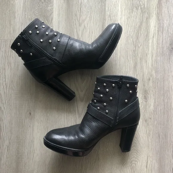 Stuart Weitzman Silver Metal Studded Genuine Black Leather Heeled Ankle Boots