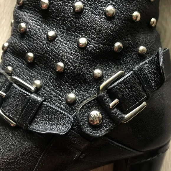 Stuart Weitzman Silver Metal Studded Genuine Black Leather Heeled Ankle Boots