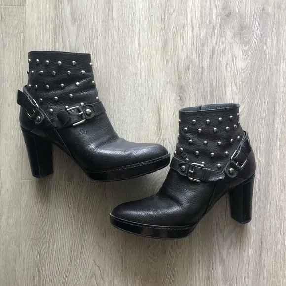 Stuart Weitzman Silver Metal Studded Genuine Black Leather Heeled Ankle Boots