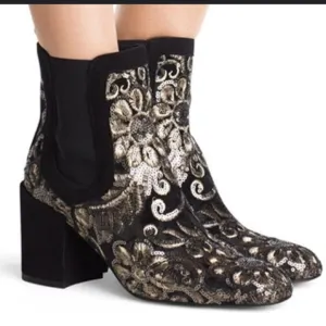 Stuart Weitzman Size 7.5  Gold and Black Ankle Boots with Ornate Design