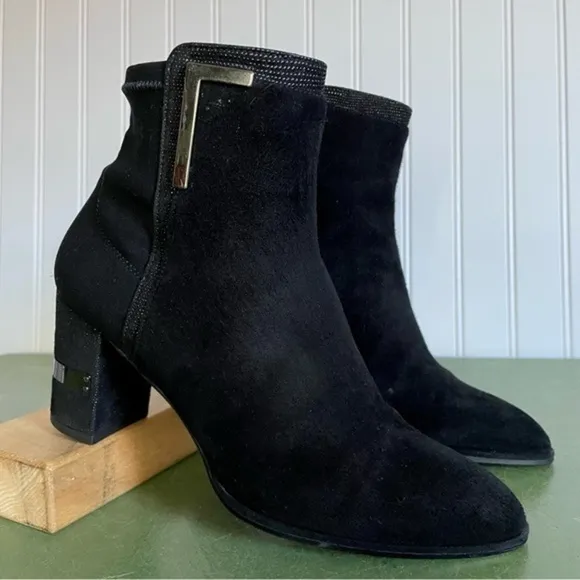 Stuart Weitzman Stretch-Back Suede Ankle Boots w Metal Accents