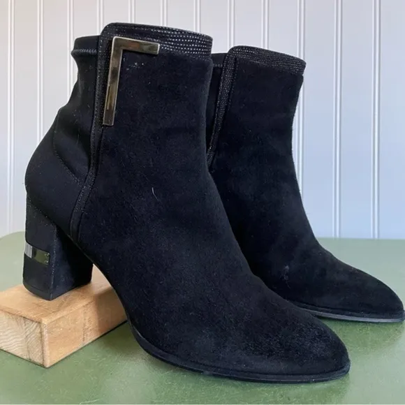 Stuart Weitzman Stretch-Back Suede Ankle Boots w Metal Accents