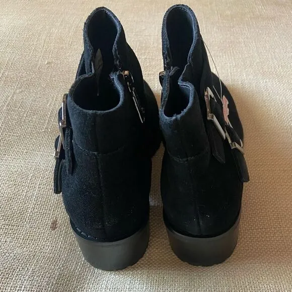 Sway Waterproof Bootie Black Suede Boots with Double Buckles Sz 6