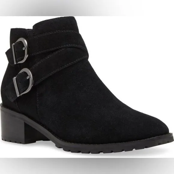 Sway Waterproof Bootie Black Suede Boots with Double Buckles Sz 6