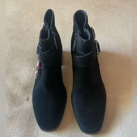 Sway Waterproof Bootie Black Suede Boots with Double Buckles Sz 6