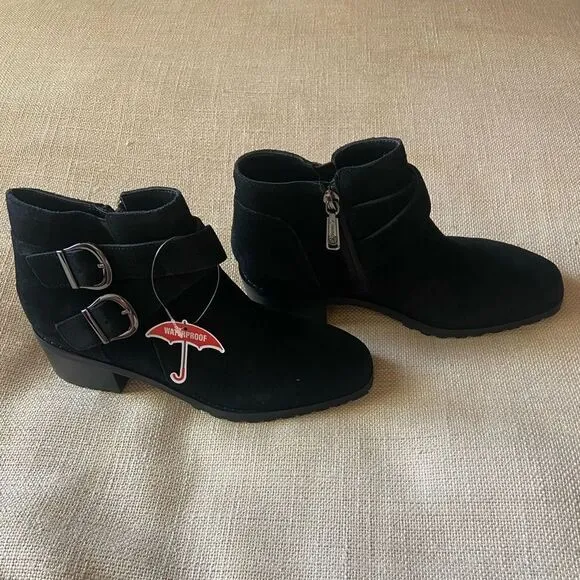 Sway Waterproof Bootie Black Suede Boots with Double Buckles Sz 6