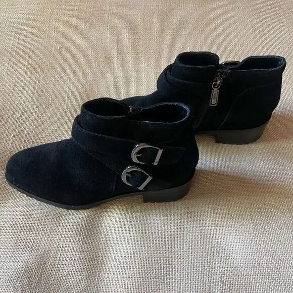 Sway Waterproof Bootie Black Suede Boots with Double Buckles Sz 6