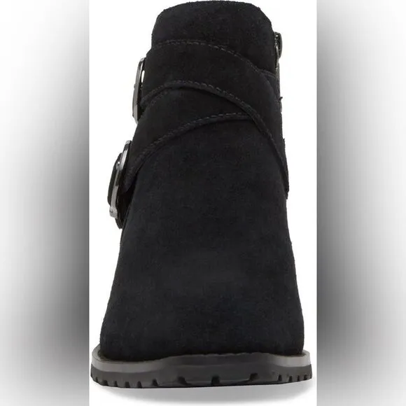 Sway Waterproof Bootie Black Suede Boots with Double Buckles Sz 6
