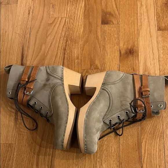 Swedish Hasbeens sz 6.5 EU 37 Green Leather Lace Up Buckle Boots Clog great cond