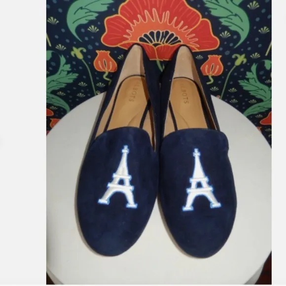 Talbots Ryan Eiffel Tower Navy Blue Embroidered Suede Loafers Shoes 9