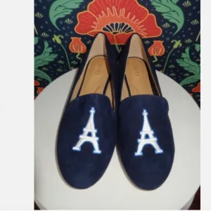 Talbots Ryan Eiffel Tower Navy Blue Embroidered Suede Loafers Shoes 9