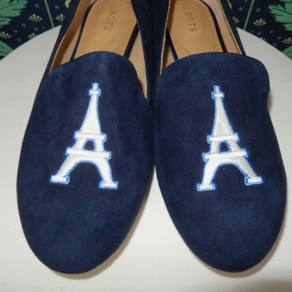 Talbots Ryan Eiffel Tower Navy Blue Embroidered Suede Loafers Shoes 9