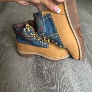 Tan and Blue Plaid Ankle Boots