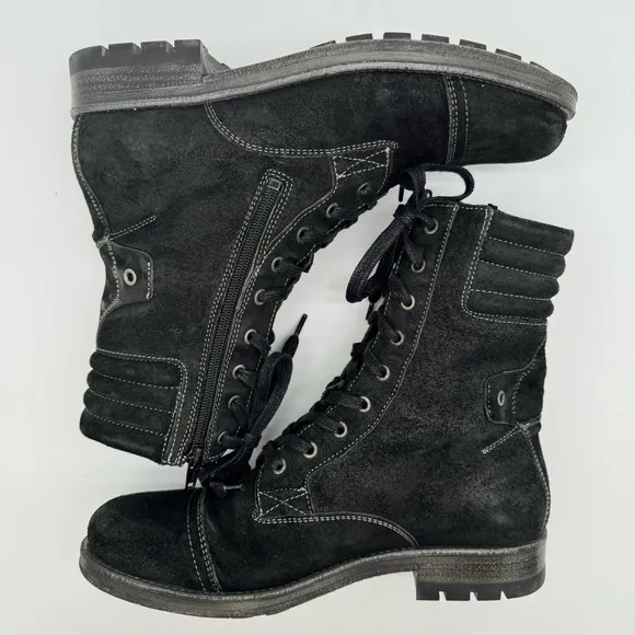 taos Renegade Black Rugged Leather Combat Boots Lace Up Zip Size EU 40/US 9-9.5