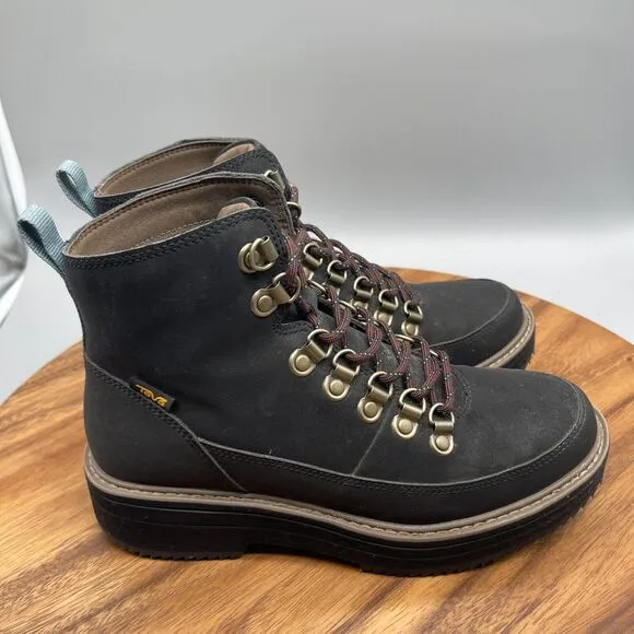 Teva Boots Womens Size 6.5 Black Leather Midform Combat Lace Up Ankle Booties