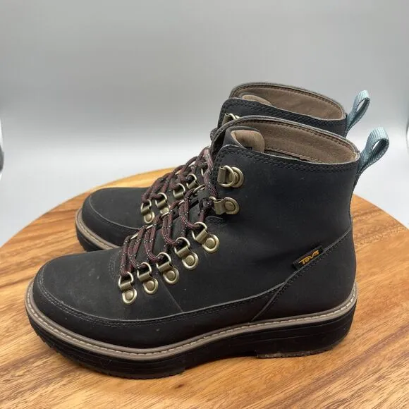 Teva Boots Womens Size 6.5 Black Leather Midform Combat Lace Up Ankle Booties