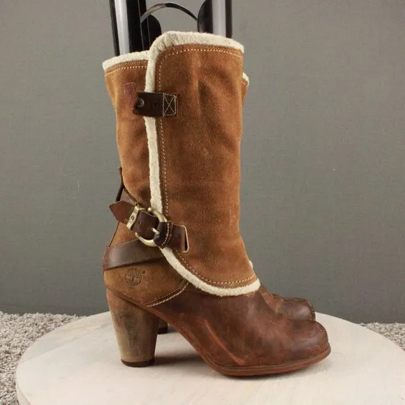 Timberland EarthKeeper Nevali Boots Womens 6 Brown Leather High Heel Zip Buckle
