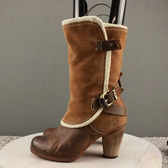 Timberland EarthKeeper Nevali Boots Womens 6 Brown Leather High Heel Zip Buckle