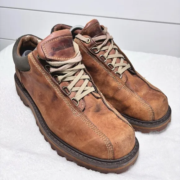 Timberland Men's Shoes Brown Leather Low Chunky Heel Boots Y2K Size 10.5 M
