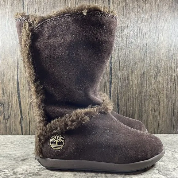 Timberland Women's Size 5 M Brown Suede Faux Fur Lined Slip On Cozy Boots