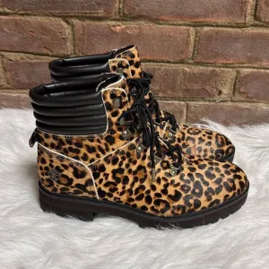 Timberland Womens Size 9.5 London Square Leather Leopard Print Hiker Boots Shoes