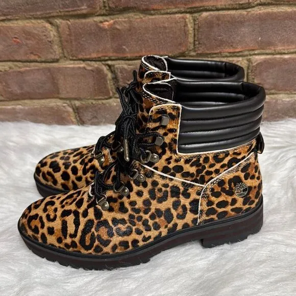 Timberland Womens Size 9.5 London Square Leather Leopard Print Hiker Boots Shoes