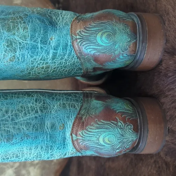 TIN HAUL &quot;Feather Plume&quot; Peacock Turquoise &amp; Brown cowgirl western boots sz 10