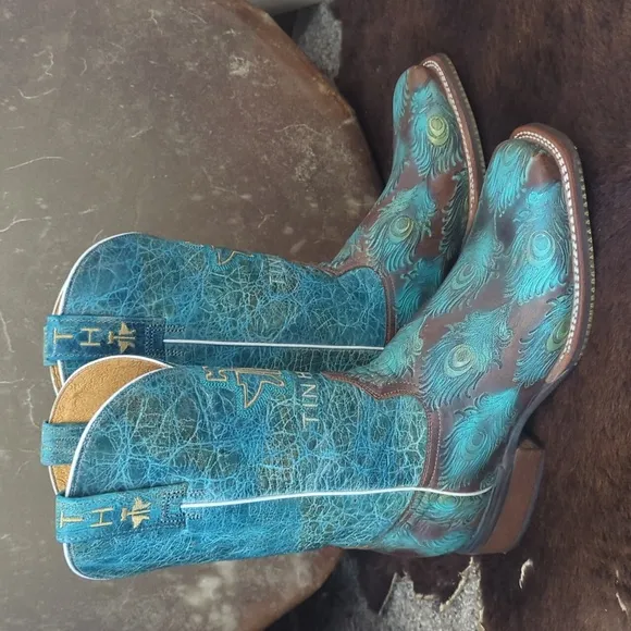 TIN HAUL &quot;Feather Plume&quot; Peacock Turquoise &amp; Brown cowgirl western boots sz 10