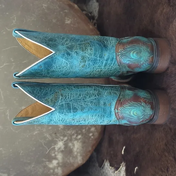 TIN HAUL &quot;Feather Plume&quot; Peacock Turquoise &amp; Brown cowgirl western boots sz 10