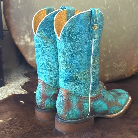 TIN HAUL &quot;Feather Plume&quot; Peacock Turquoise &amp; Brown cowgirl western boots sz 10