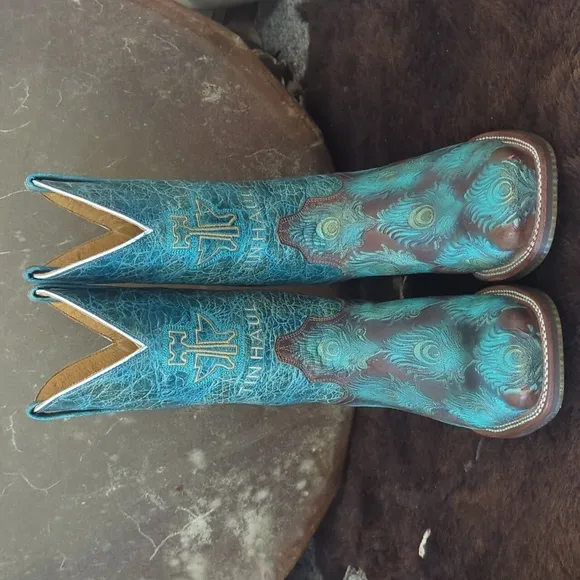 TIN HAUL &quot;Feather Plume&quot; Peacock Turquoise &amp; Brown cowgirl western boots sz 10