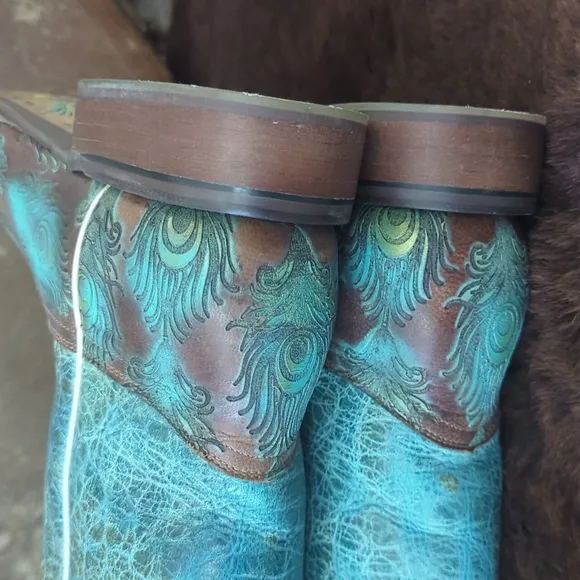 TIN HAUL &quot;Feather Plume&quot; Peacock Turquoise &amp; Brown cowgirl western boots sz 10
