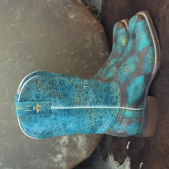 TIN HAUL &quot;Feather Plume&quot; Peacock Turquoise &amp; Brown cowgirl western boots sz 10