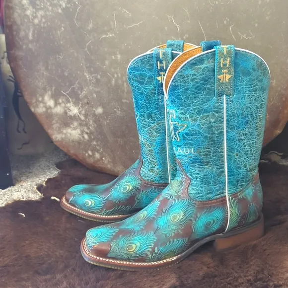 TIN HAUL &quot;Feather Plume&quot; Peacock Turquoise &amp; Brown cowgirl western boots sz 10