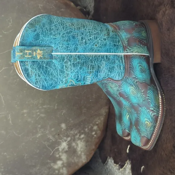 TIN HAUL &quot;Feather Plume&quot; Peacock Turquoise &amp; Brown cowgirl western boots sz 10