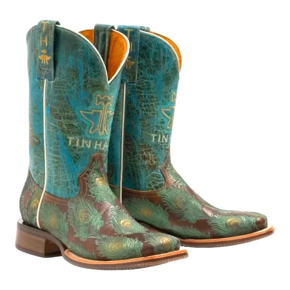TIN HAUL &quot;Feather Plume&quot; Peacock Turquoise &amp; Brown cowgirl western boots sz 10