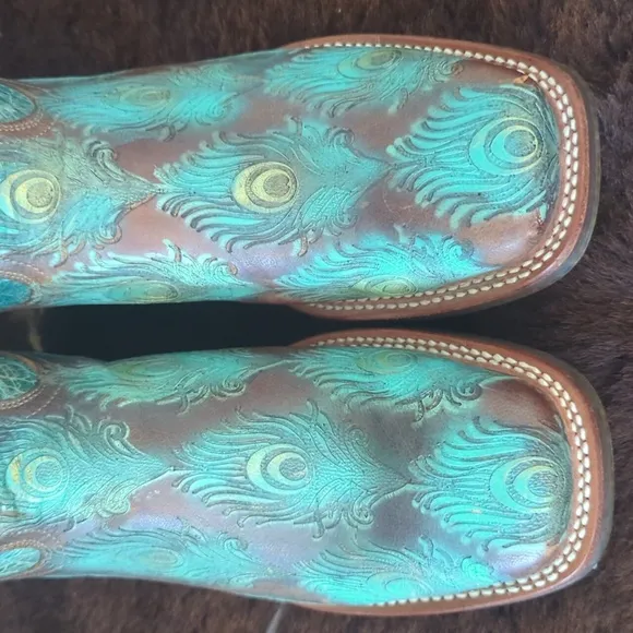 TIN HAUL &quot;Feather Plume&quot; Peacock Turquoise &amp; Brown cowgirl western boots sz 10