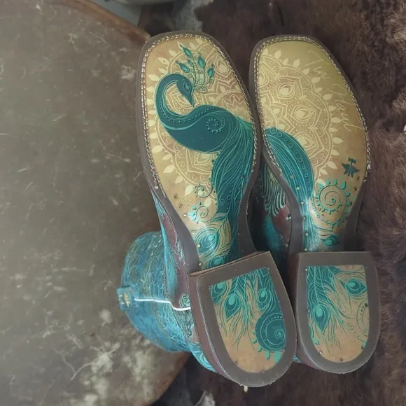 TIN HAUL &quot;Feather Plume&quot; Peacock Turquoise &amp; Brown cowgirl western boots sz 10